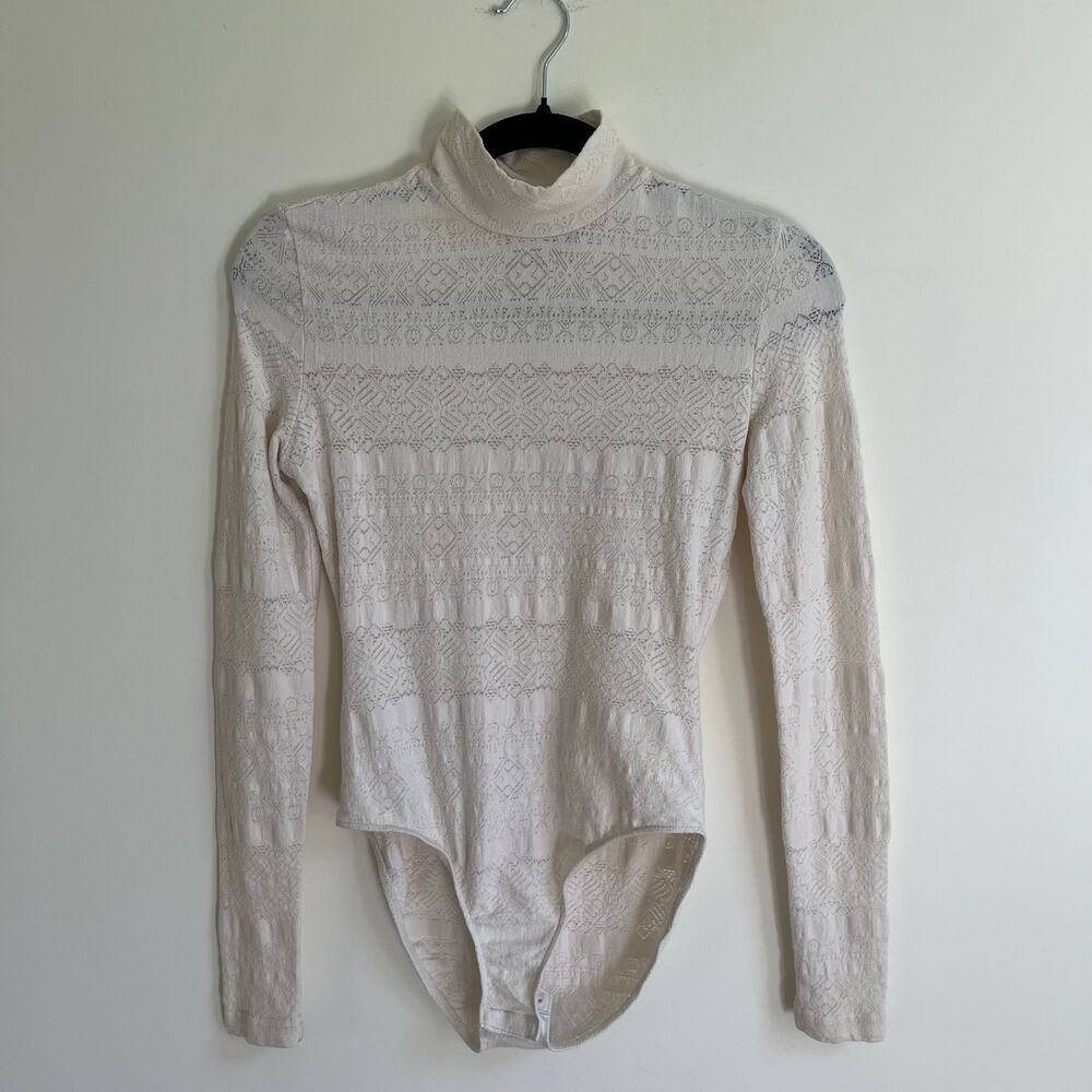 Vintage Lizsport Mock Neck Bodysuit Ivory Geometric Pointelle Knit 90’s S